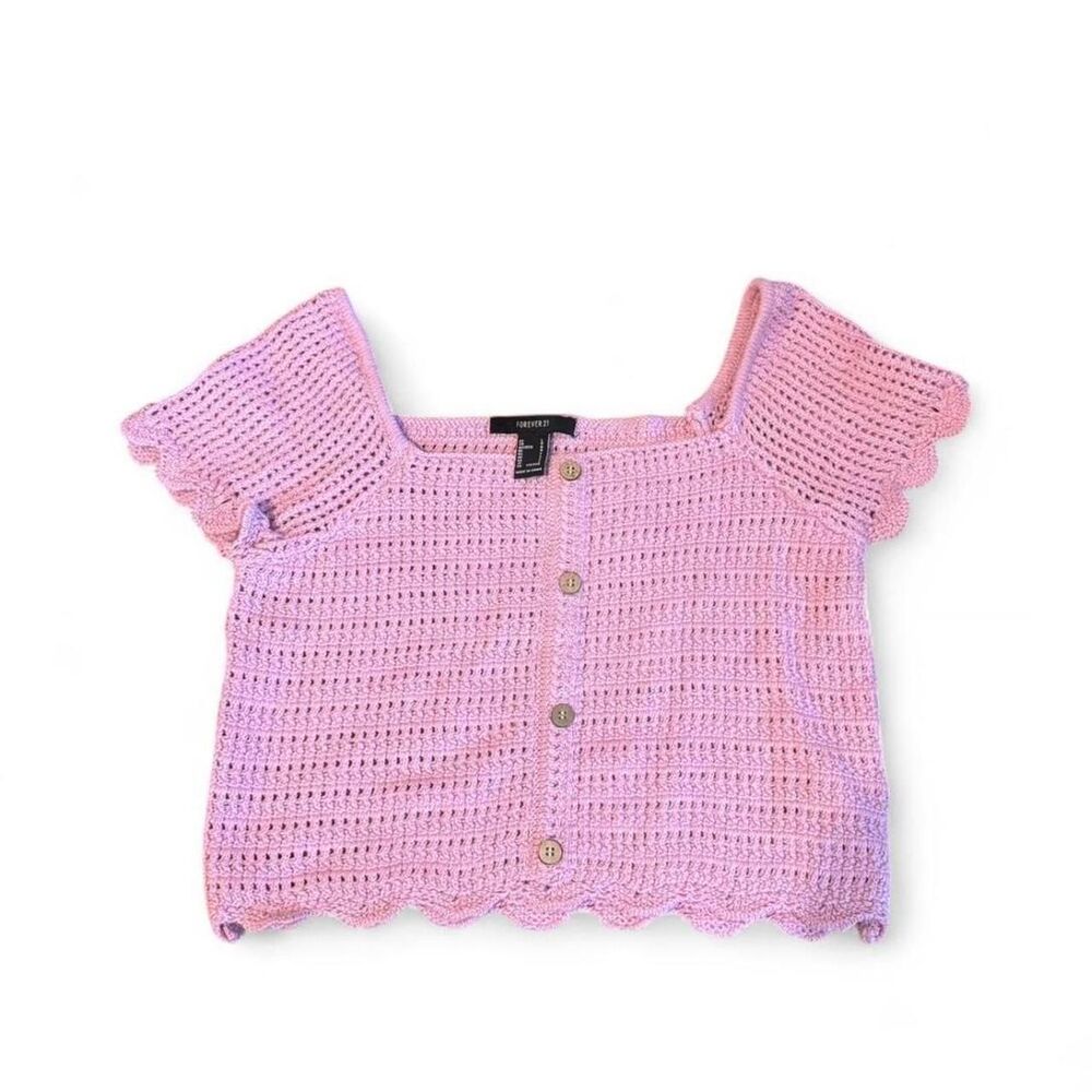 Pink Crochet Crop Top Button Front Sz Large Forever 21 Lavender Boho Cottagecore - Picture 4 of 6